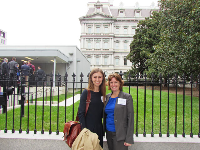 Kaleigh Johnson, a chemical engineering senior, and Amy Trowbridge, lecturer and director of the Grand Challenge Scholars Program, represented ASU at a national meeting hosted by the National Academy of Engineering. It included a session at the White House’s Eisenhower Executive Office Building. Photo courtesy of Kaleigh Johnson